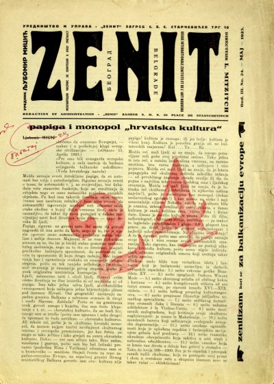 Наслова страна Зенита бр. 24 и Мицићев текст „Папига и монопол хрватска култура“. Након овог броја (мај 1923.) у Загребу је забрањен Зенит због Мицићевог текста о хрватској култури као одговор на учестале увреде Стјепана Радића: „Срби су добар народ али само да гину, а ми Хрвати имамо да створимо културу.“ 