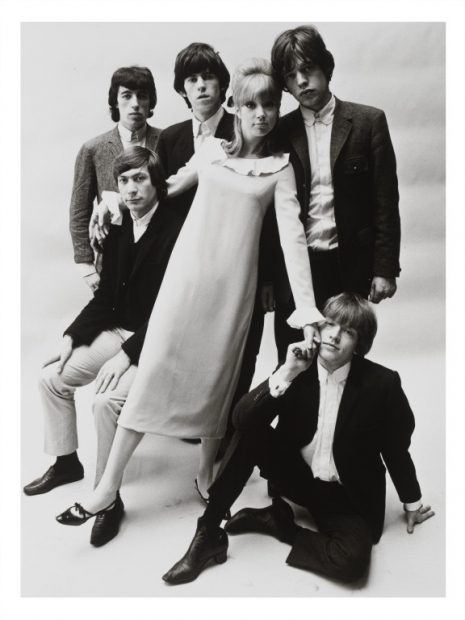 Patti Boyd wearing a Mary Quant dress, photographed with the Rolling Stones French,
