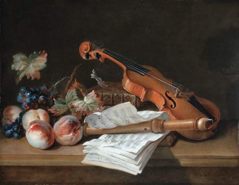 Jean-Baptiste Oudry - Still Life with a Violin, a Recorder, Books, a Portfolio of Sheet of Music, Peaches and Grapes on a Table Top