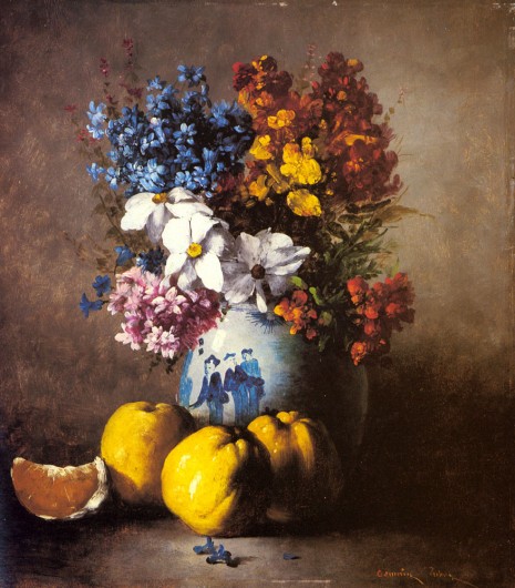 Germain Theodure Clement Ribot - A Still Life With a Vase of Flowers and Fruit