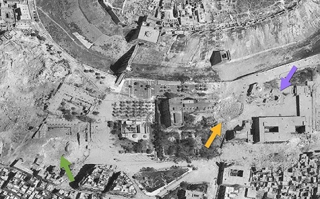By August 10, 2014, the dome of the Hammam Yalbougha an-Nasry was destroyed (purple arrow). Images ©2014, DigitalGlobe, NextView License | Analysis AAAS (www.telegraph.co.uk)