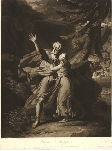 The blind Oedipus being lead through the wilderness by his daughter Antigone; after Thévenin. 1802 Mezzotint